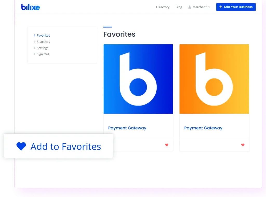 Add payment providers to your favorites list on bilixe to revisit later