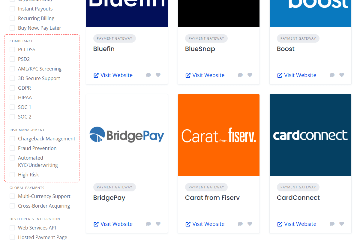Screenshot of Bilixe filters for compliance certifications and risk management