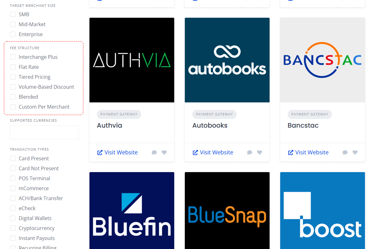 Screenshot of Bilixe payment gateway filter for fee structure options