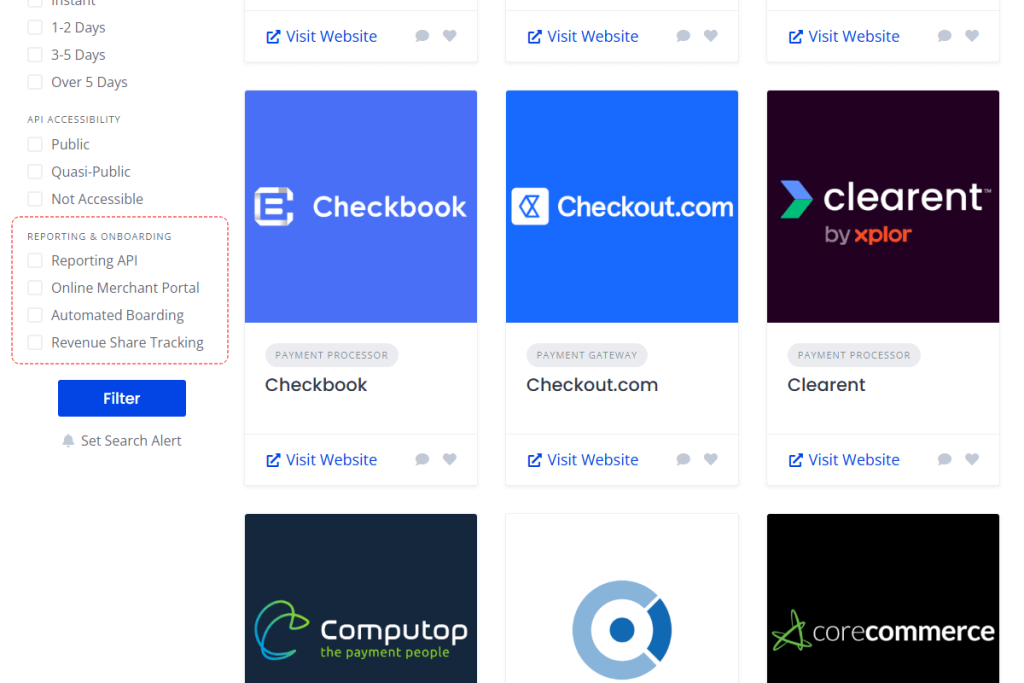 Screenshot of Bilixe filters for reporting tools and onboarding options