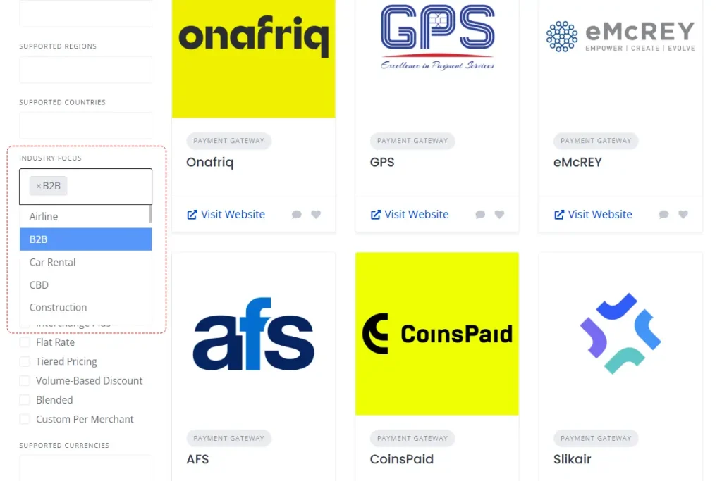 bilixe-b2b-target-industry-filter-screenshot Bilixe platform screenshot showing B2B payment provider filter option