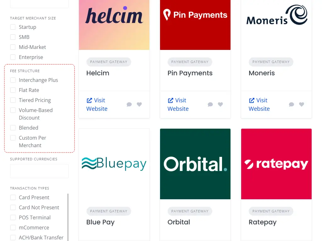 Bilixe filter showing different fee structures for payment processing