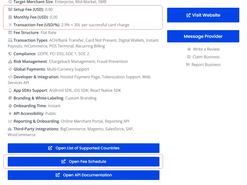 Fee details section in payment provider profile on bilixe platform