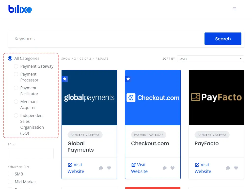 Bilixe smart filter for selecting types of credit card processing companies