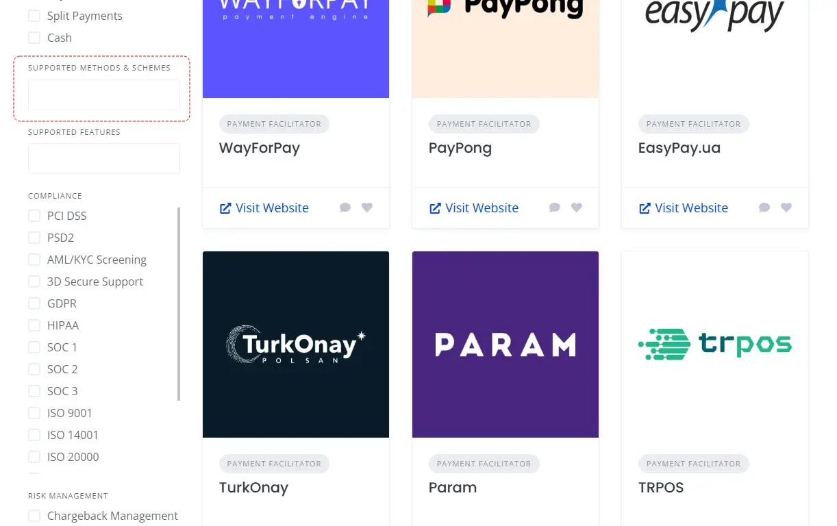Screenshot of bilixe 'Supported Methods & Schemes' filter for payment providers