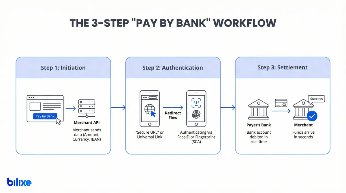 Infographic illustrating the 3-step "Pay by Bank" workflow: 1. Initiation via Merchant API, 2. Authentication using a secure URL and SCA (FaceID or Fingerprint), and 3. Real-time Settlement where funds arrive in seconds.