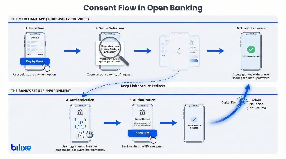 A 6-step diagram of the "Consent Flow in Open Banking" showing the secure interaction between a Merchant App and a Bank's Secure Environment