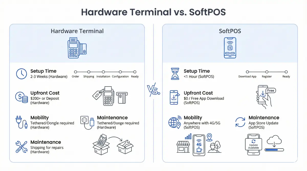 VS. battle card style infographics to compare hardware terminal and softpos